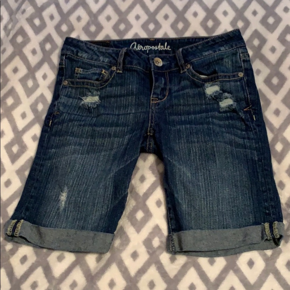 medium-dark wash longer jean shorts, worn once